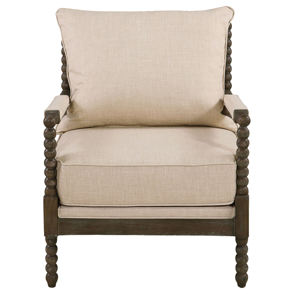 Blanchett Upholstered Bobbin Accent Chair Beige and Distressed Brown Unique Piece Furniture
