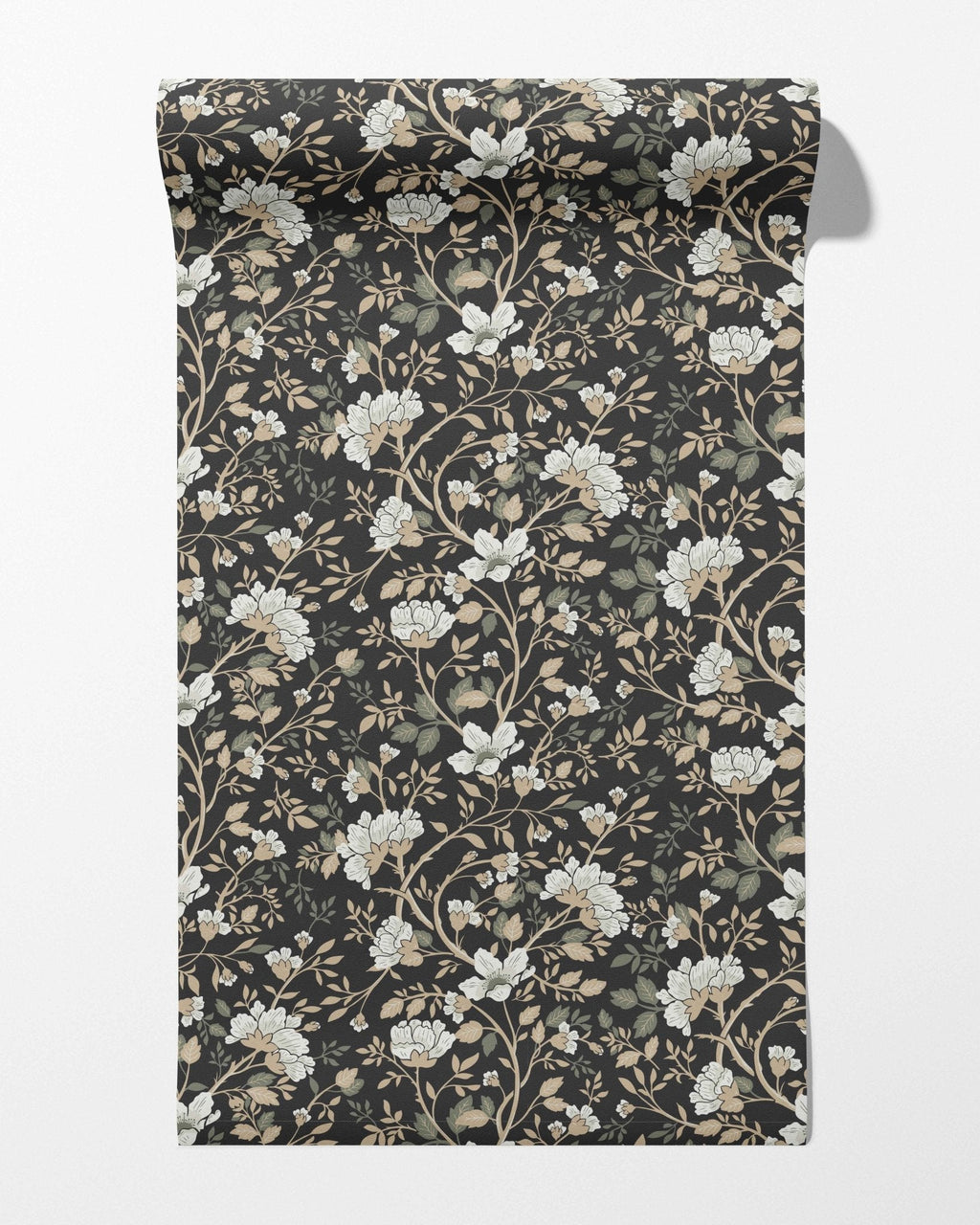 Camellia Study Wallpaper in Coal Cream Olive