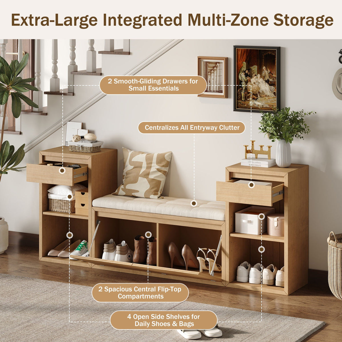 Entryway Storage Bench With Cushion, Drawers & Open Shelves Unique Piece Furniture