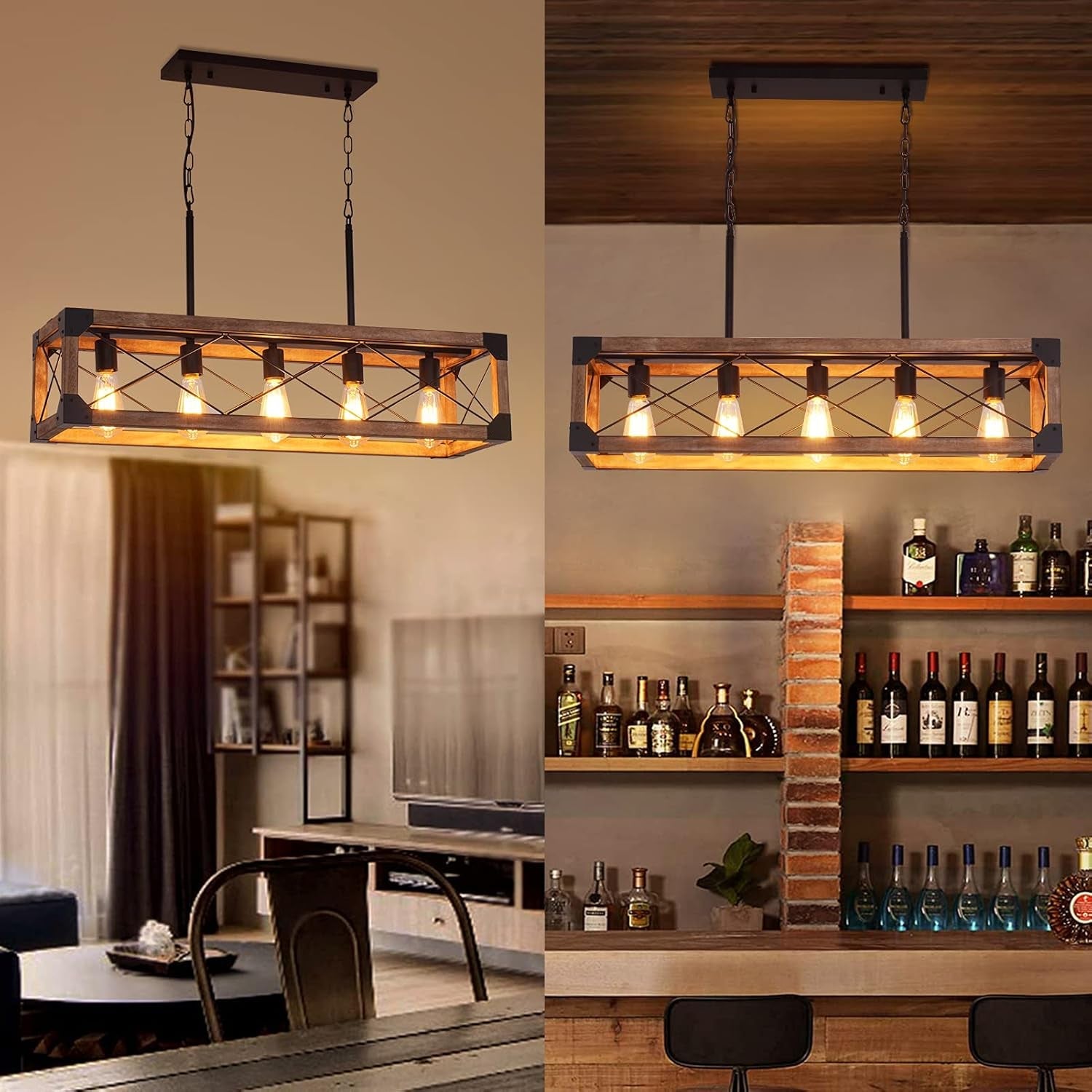 5 Lights Farmhouse Wood Linear Chandelier Farmhouse Decor
