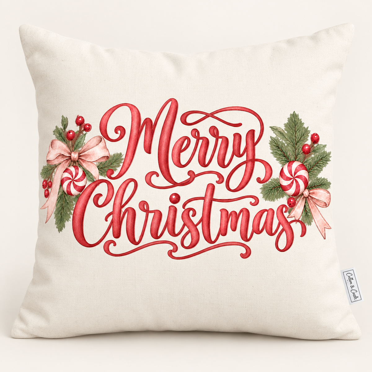 Merry Christmas Bows Pillow Cover — Fits 18x18 Insert Cotton and Crate