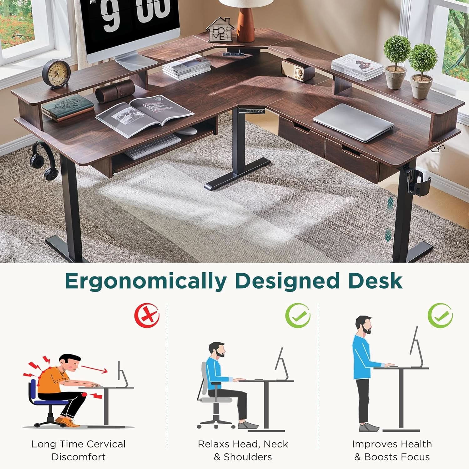 60 Inch Elevated Electric Standing Desk Dark Walnut ShipItFurniture