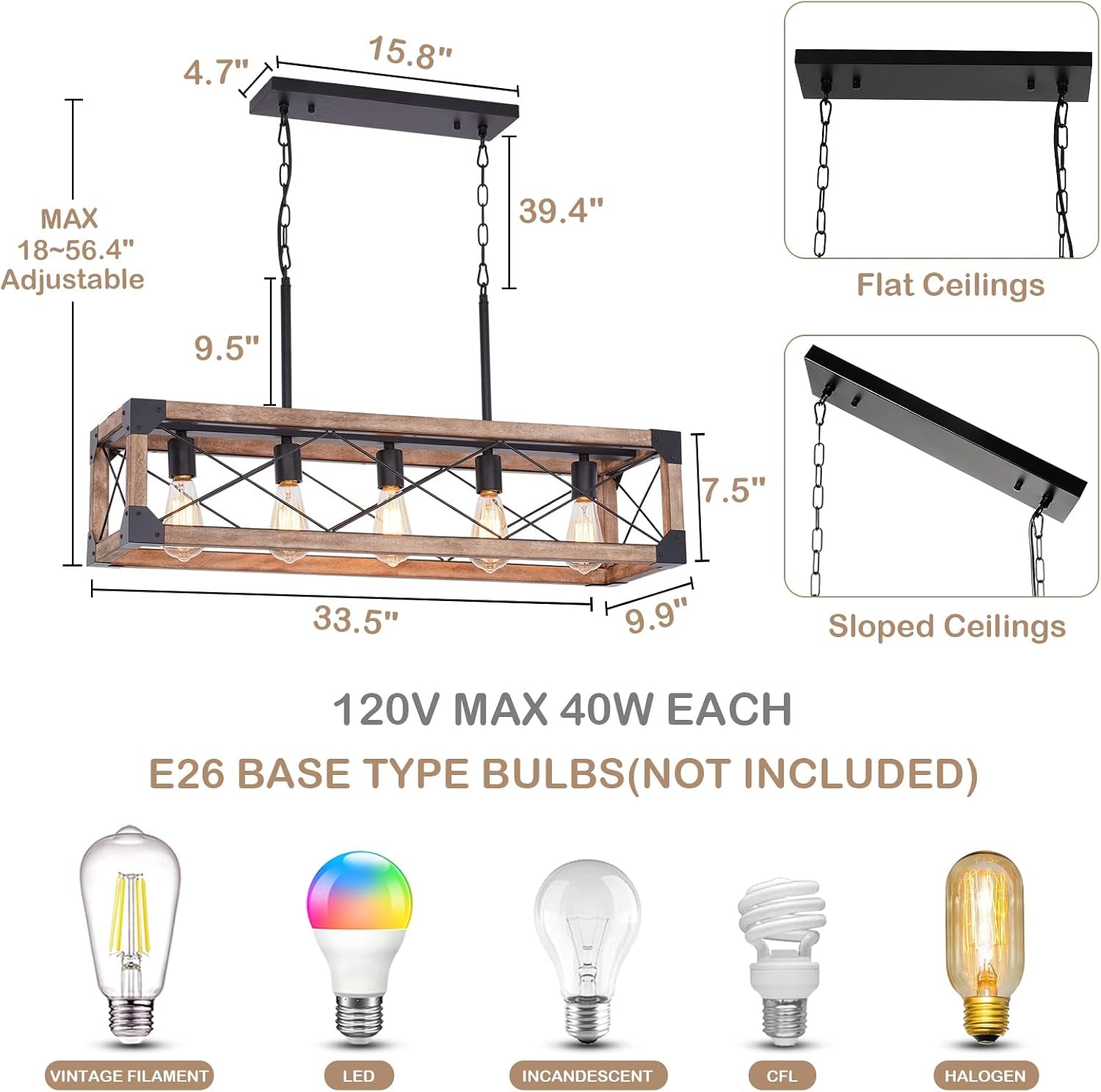 Farmhouse 5-Light Linear Chandelier with Solid Wood Farmhouse Decor