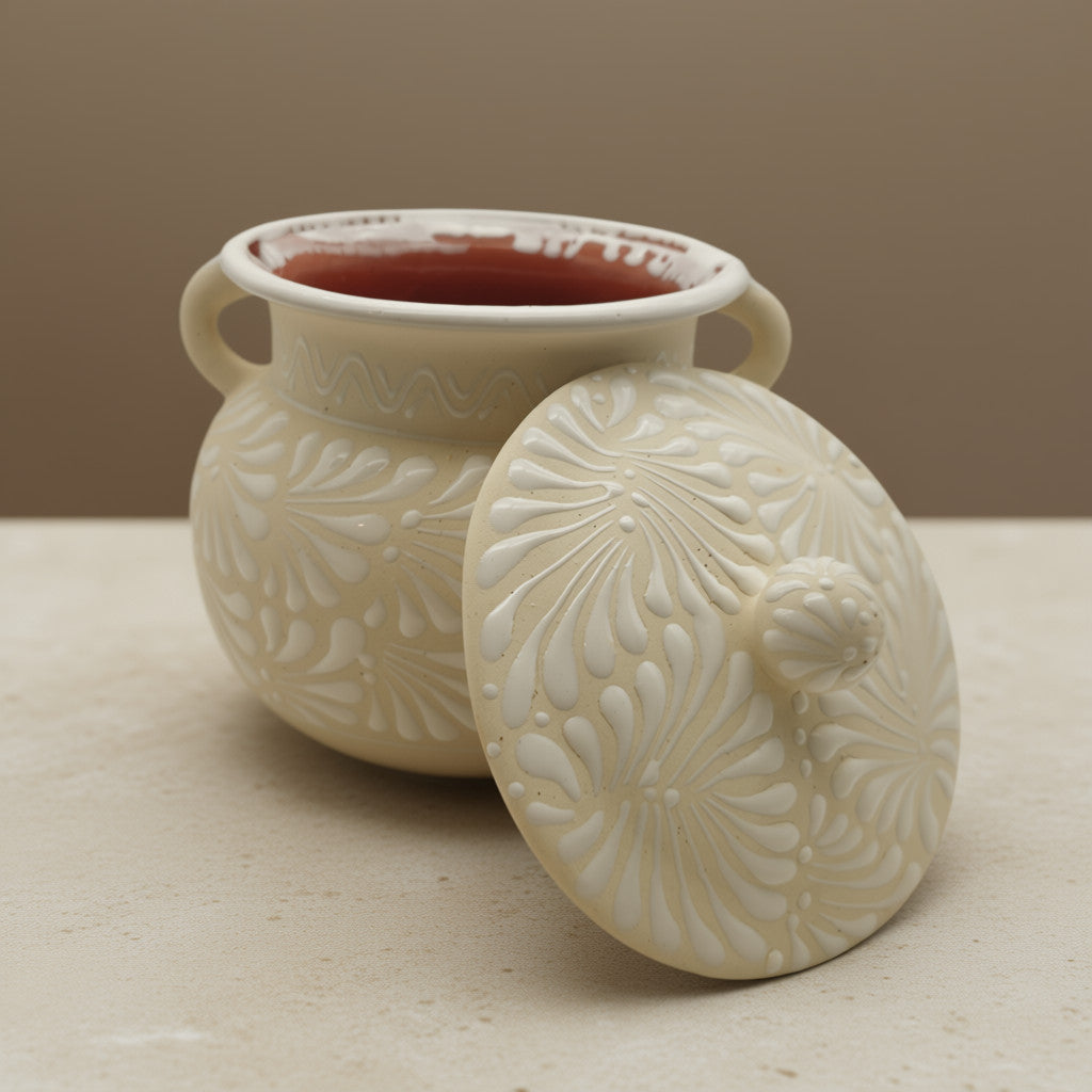Cream Talavera Bean Pot with Lid | Handmade Mexican Clay The Talavera Hub