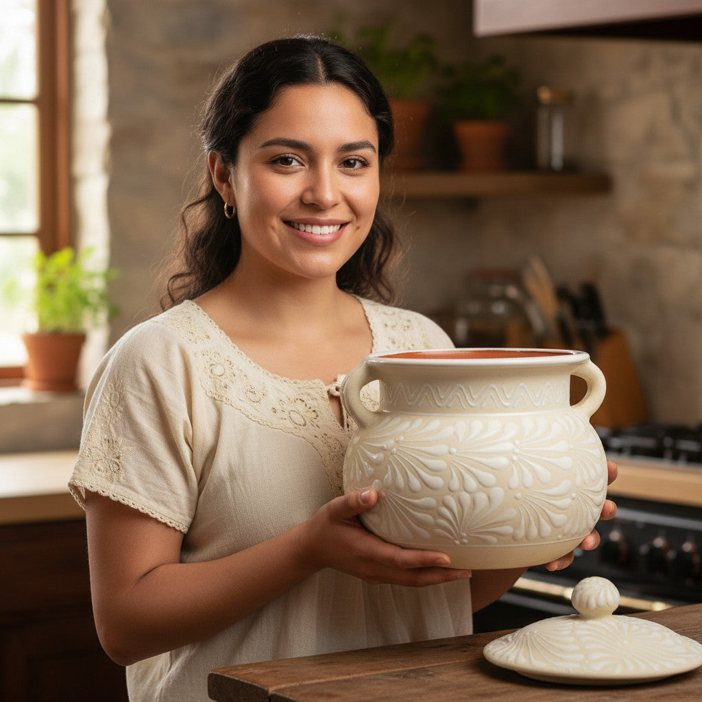 Cream Talavera Bean Pot with Lid | Handmade Mexican Clay The Talavera Hub