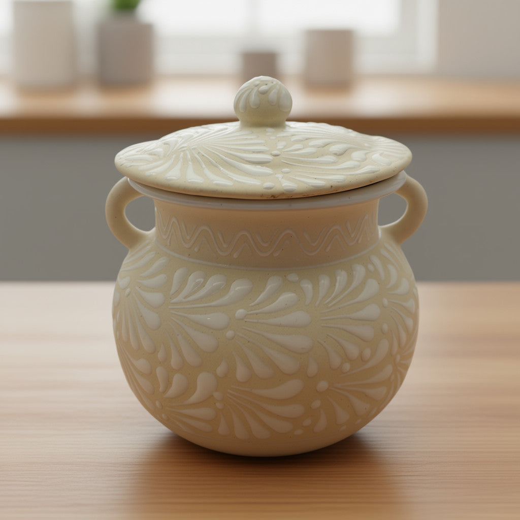 Cream Talavera Bean Pot with Lid | Handmade Mexican Clay The Talavera Hub