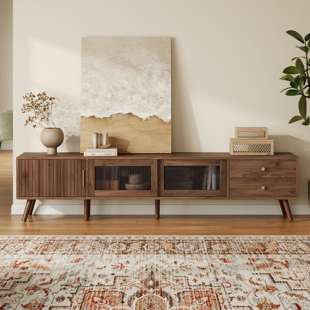 Doors TV Stand For TVs Up To 85", Entertainment Center With Storage Cabinets, TV Media Console Table For Living Room - Natural Unique Piece Furniture