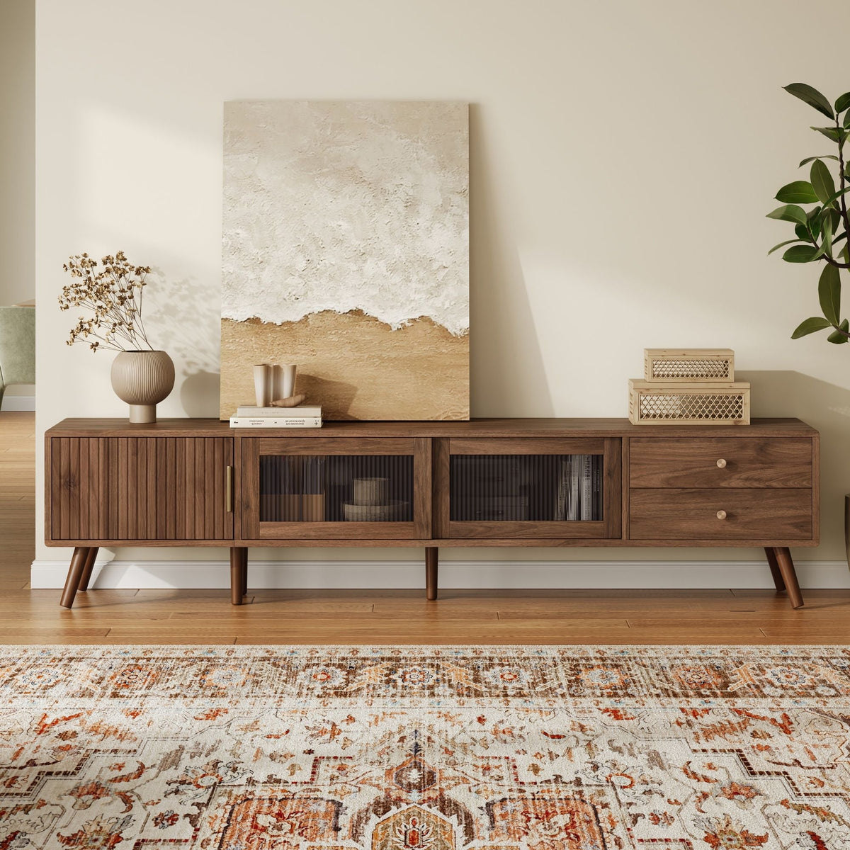 Doors TV Stand For TVs Up To 85", Entertainment Center With Storage Cabinets, TV Media Console Table For Living Room - Natural Unique Piece Furniture