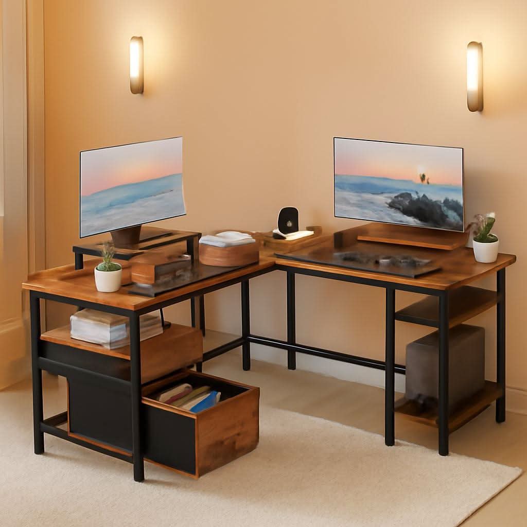 Fifty Nine Inch L Shaped Desk With Power Outlet And Storage Shelves ShipItFurniture