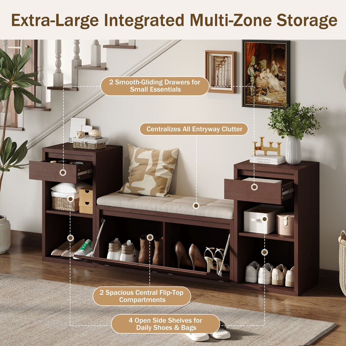 Entryway Storage Bench With Cushion, Drawers & Open Shelves Unique Piece Furniture