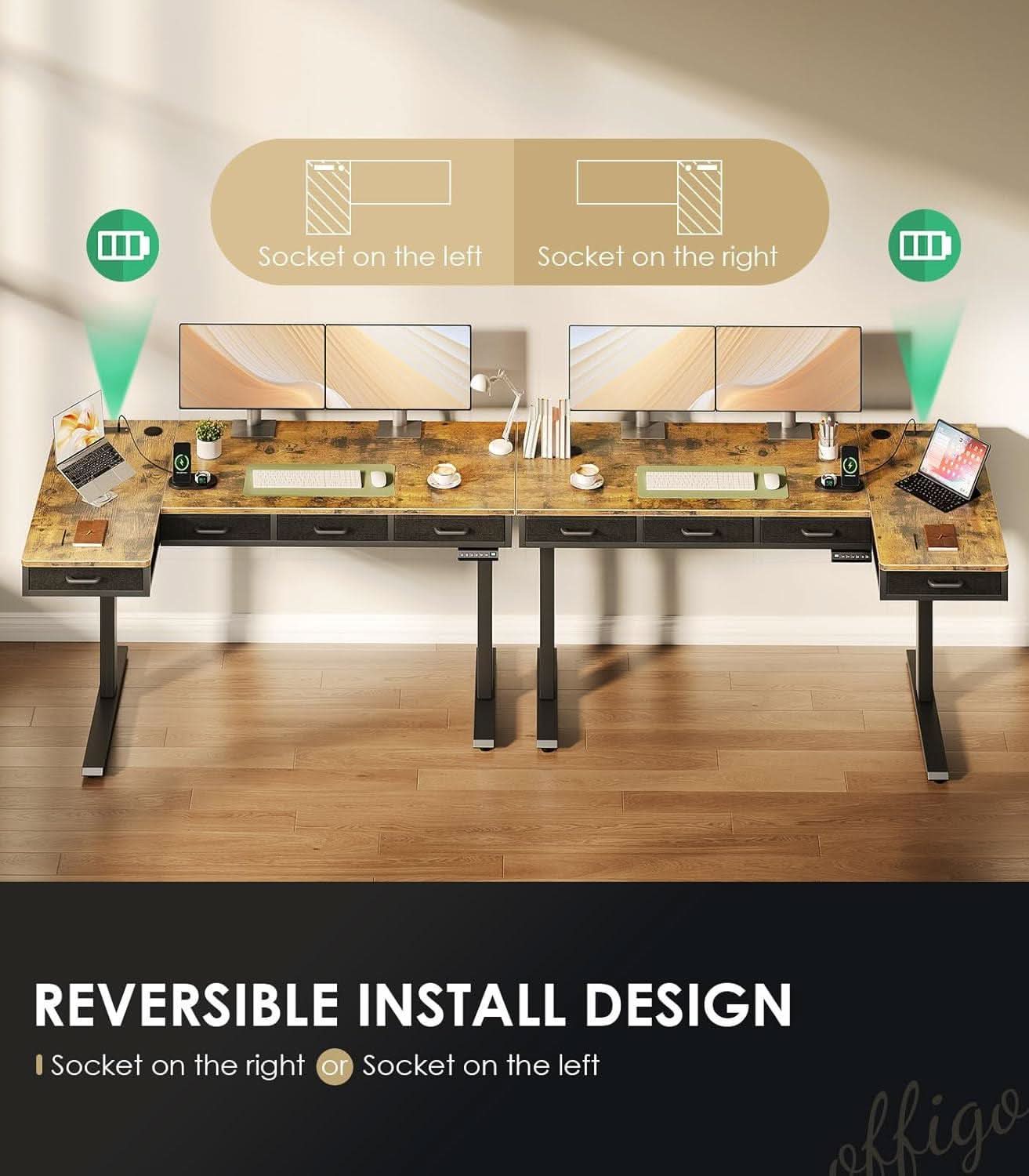 Sixty Three Inch L Shaped Electric Height Adjustable Desk Drawers ShipItFurniture