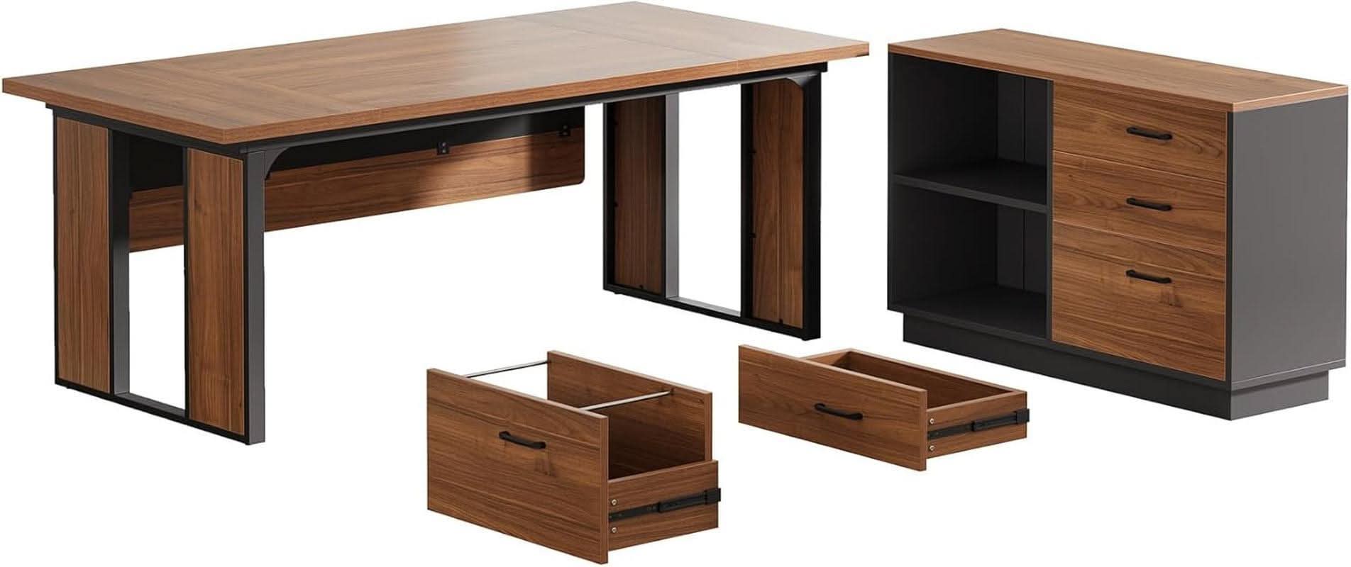 63 Inch L Shaped Executive Desk With Storage Shelves ShipItFurniture
