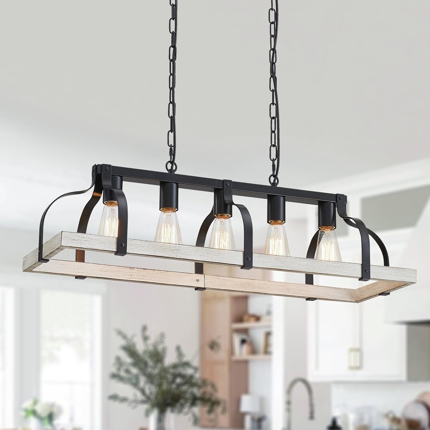 5-Light Metal Linear Chandelier Imitation Wood Grain Farmhouse Decor