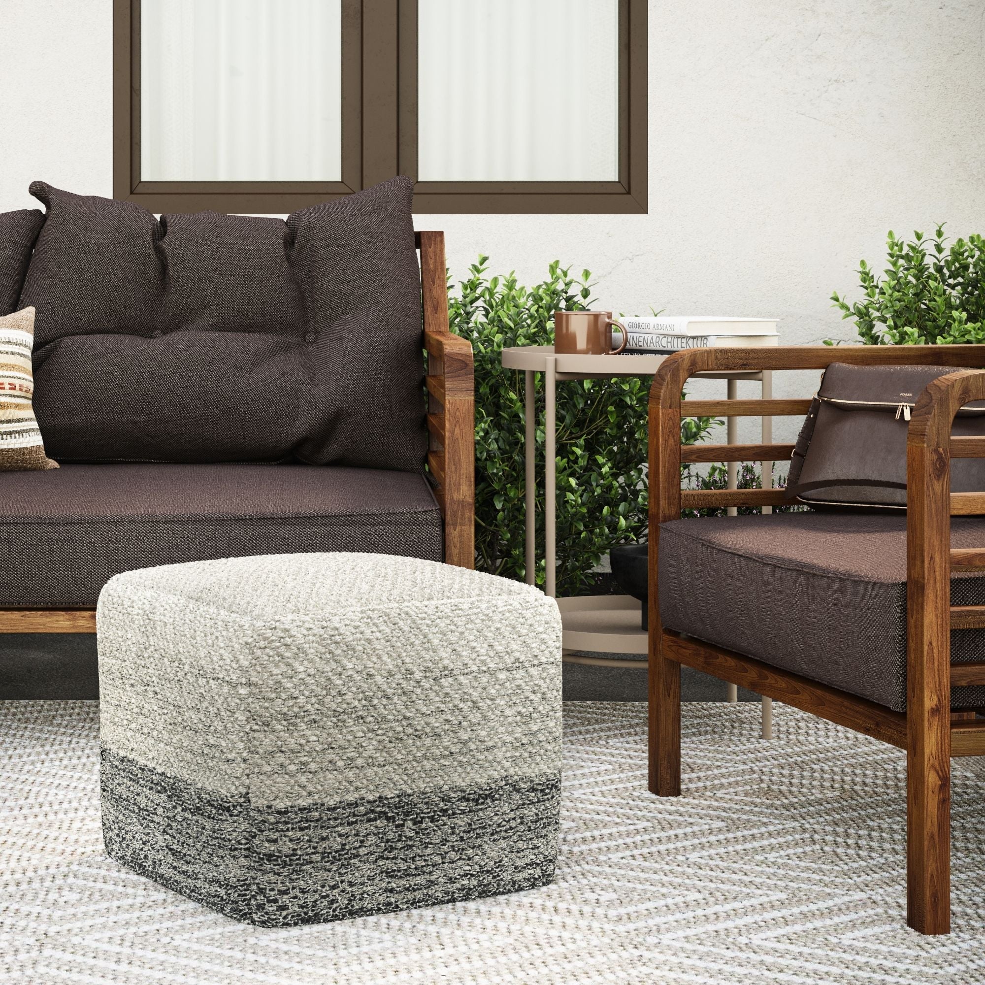 Macie - Square Woven Outdoor / Indoor Pouf - Gray / White Unique Piece Furniture