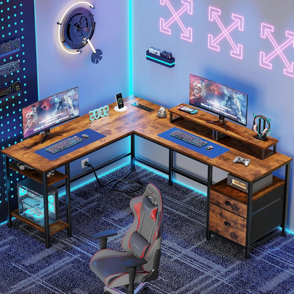 Fifty Nine Inch L Shaped Desk With Power Outlet And Storage Shelves ShipItFurniture