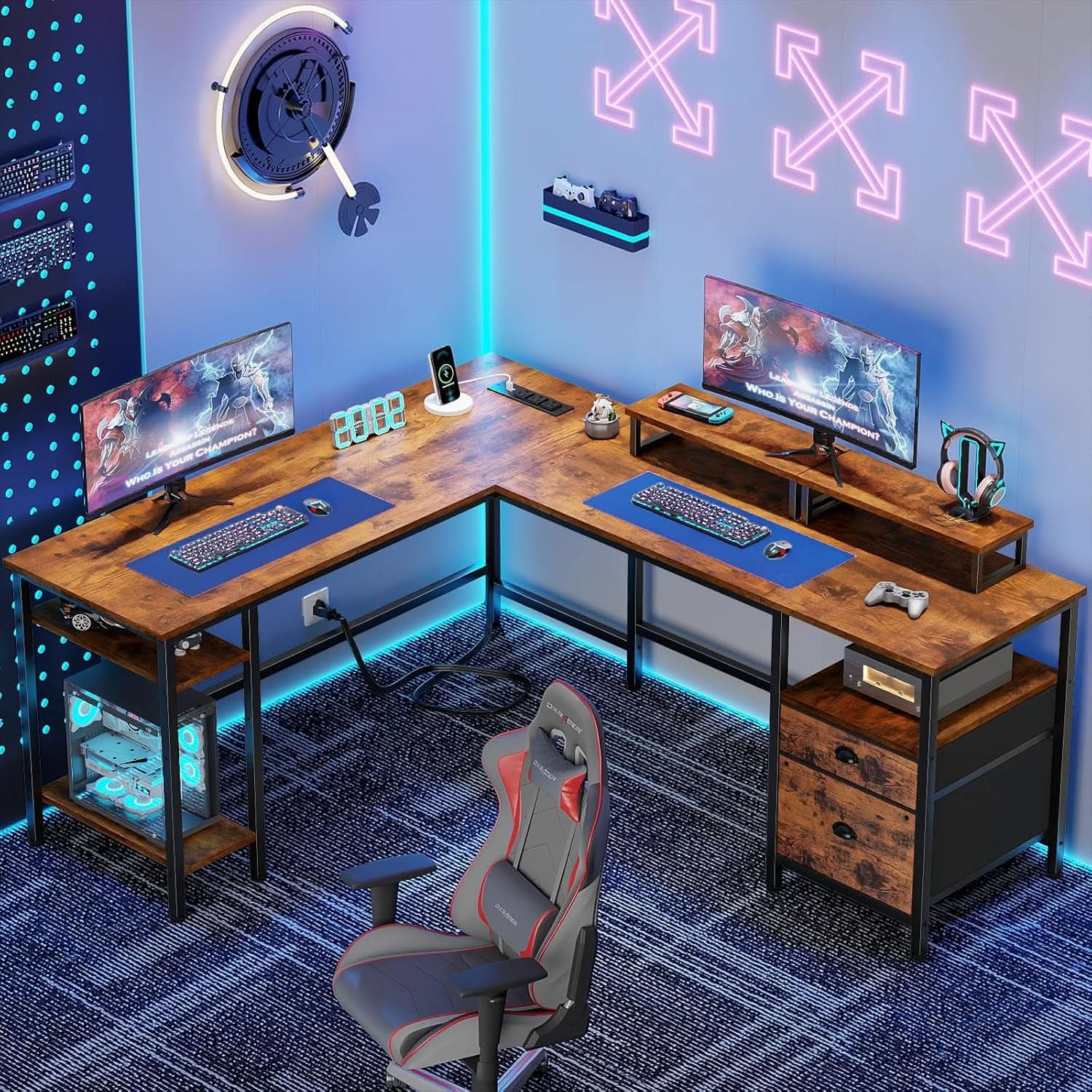 Fifty Nine Inch L Shaped Desk With Power Outlet And Storage Shelves ShipItFurniture