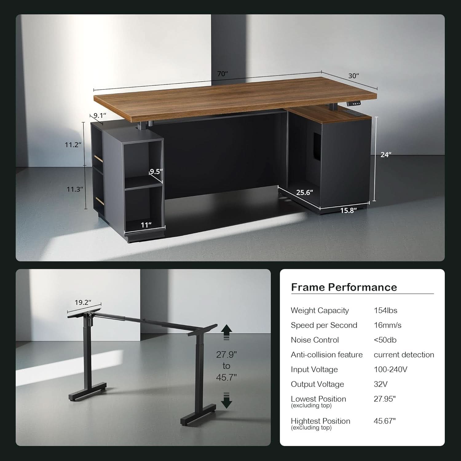 Walnut Seventy OneInch Height Adjustable Standing Desk Cabinets ShipItFurniture