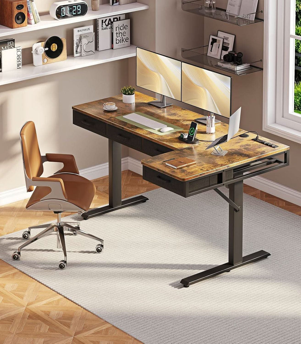 Sixty Three Inch L Shaped Electric Height Adjustable Desk Drawers ShipItFurniture