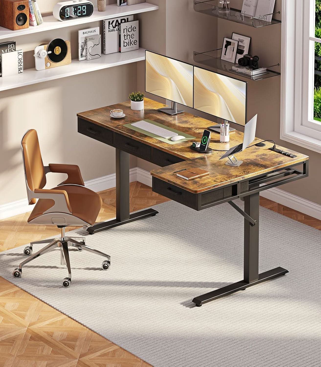 Sixty Three Inch L Shaped Electric Height Adjustable Desk Drawers ShipItFurniture