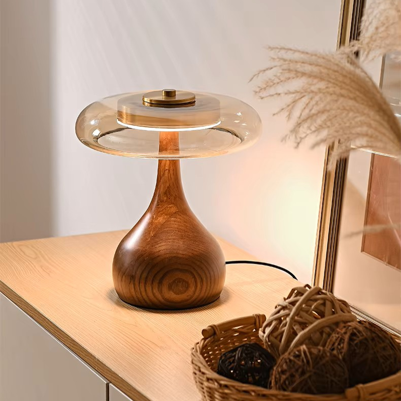 Modern Wooden & Glass Table Lamp | Minimalist Mushroom Desk Light VietmadeHomeArt
