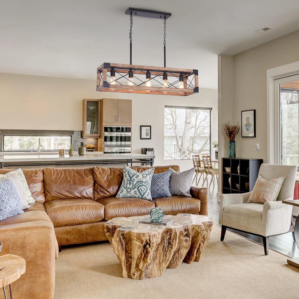 Farmhouse 5-Light Linear Chandelier with Solid Wood Farmhouse Decor