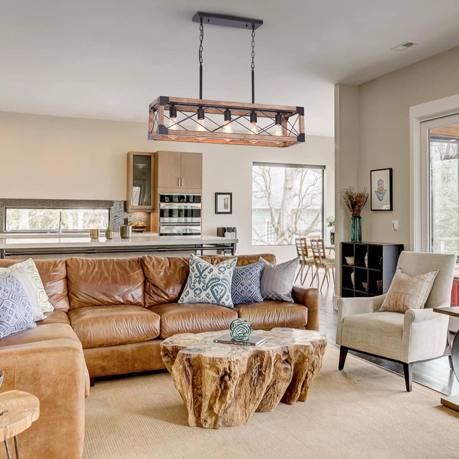 Farmhouse 5-Light Linear Chandelier with Solid Wood Farmhouse Decor