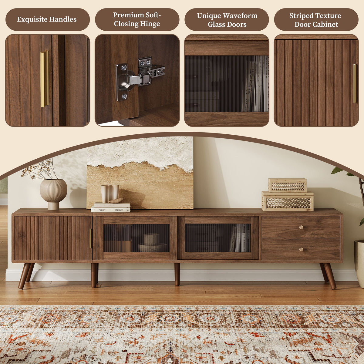Doors TV Stand For TVs Up To 85", Entertainment Center With Storage Cabinets, TV Media Console Table For Living Room - Natural Unique Piece Furniture