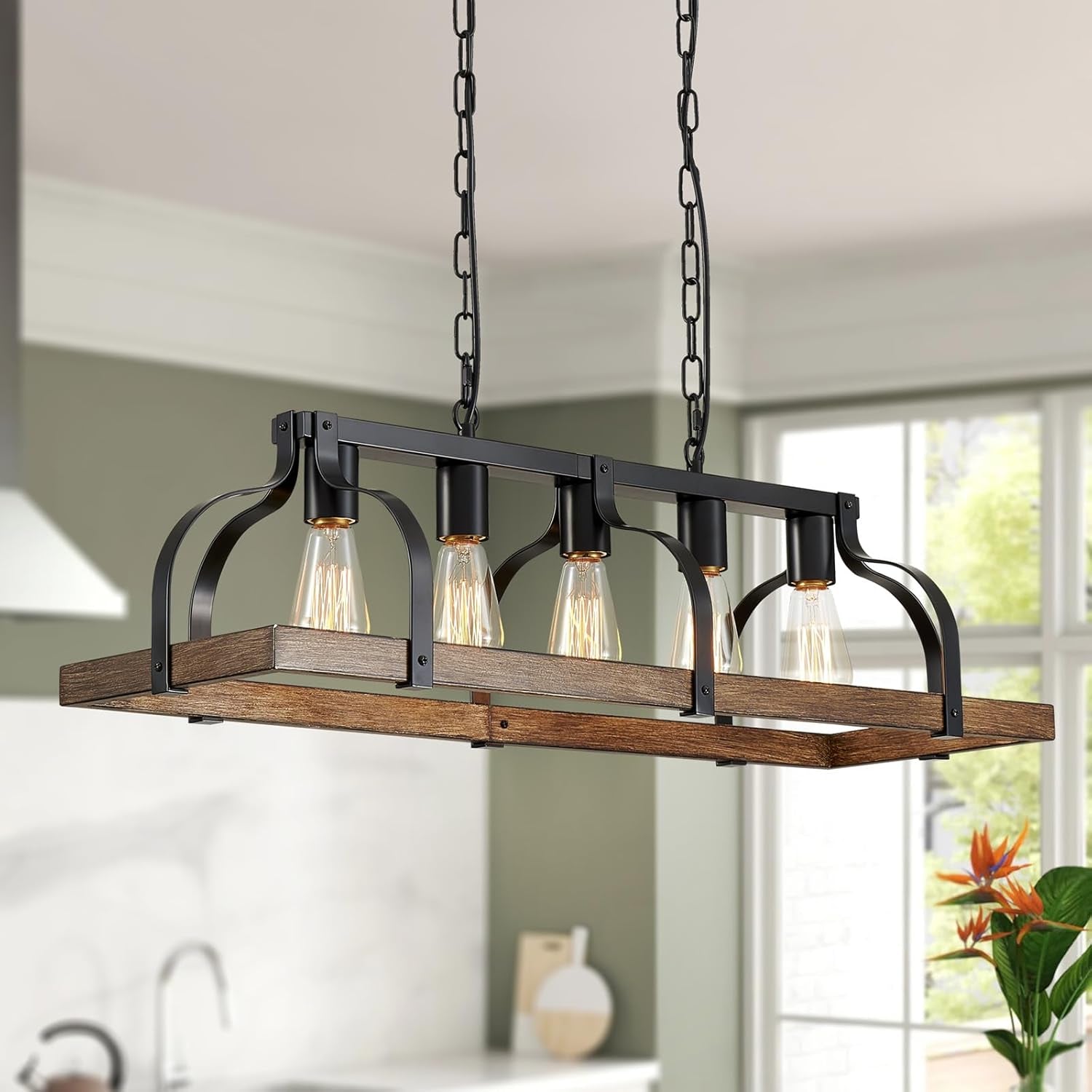 5-Light Metal Linear Chandelier Imitation Wood Grain Farmhouse Decor