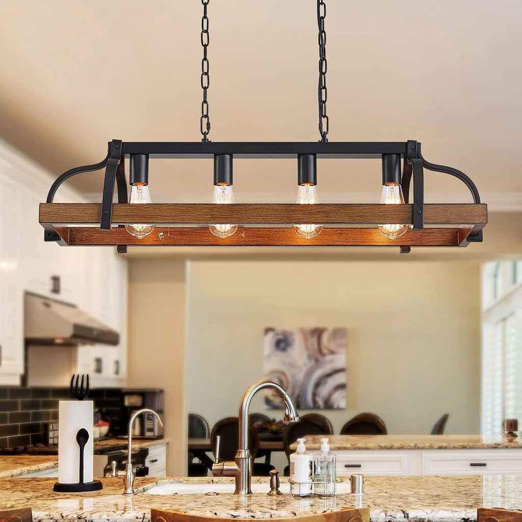 5-Light Metal Linear Chandelier Imitation Wood Grain Farmhouse Decor