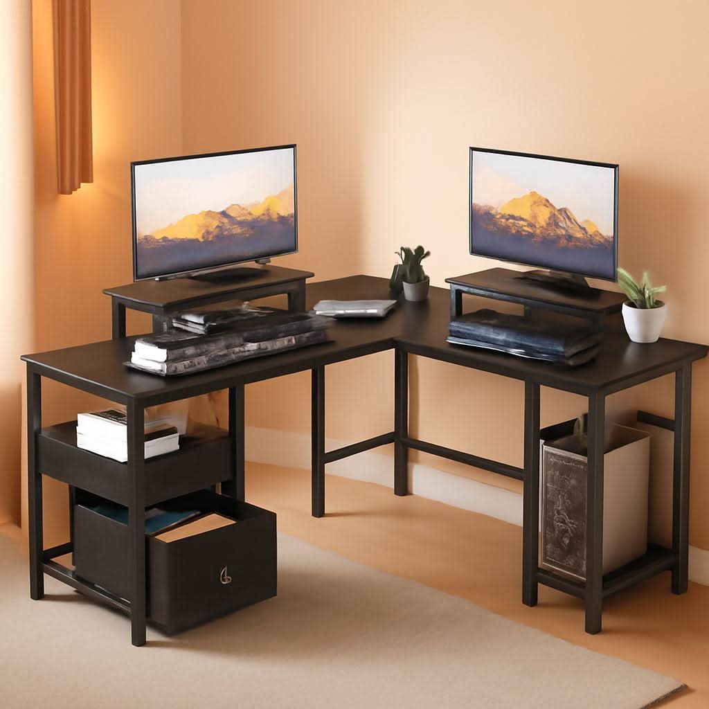 Fifty Nine Inch L Shaped Desk With Black Storage Drawers Unit ShipItFurniture