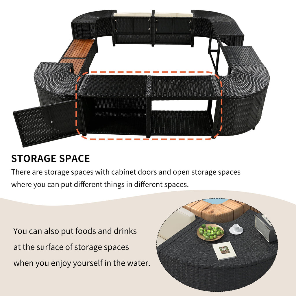 Spa Surround Spa Frame Quadrilateral Outdoor Rattan Sectional Sofa Set With Mini Sofa, Wooden Seats And Storage Spaces Unique Piece Furniture
