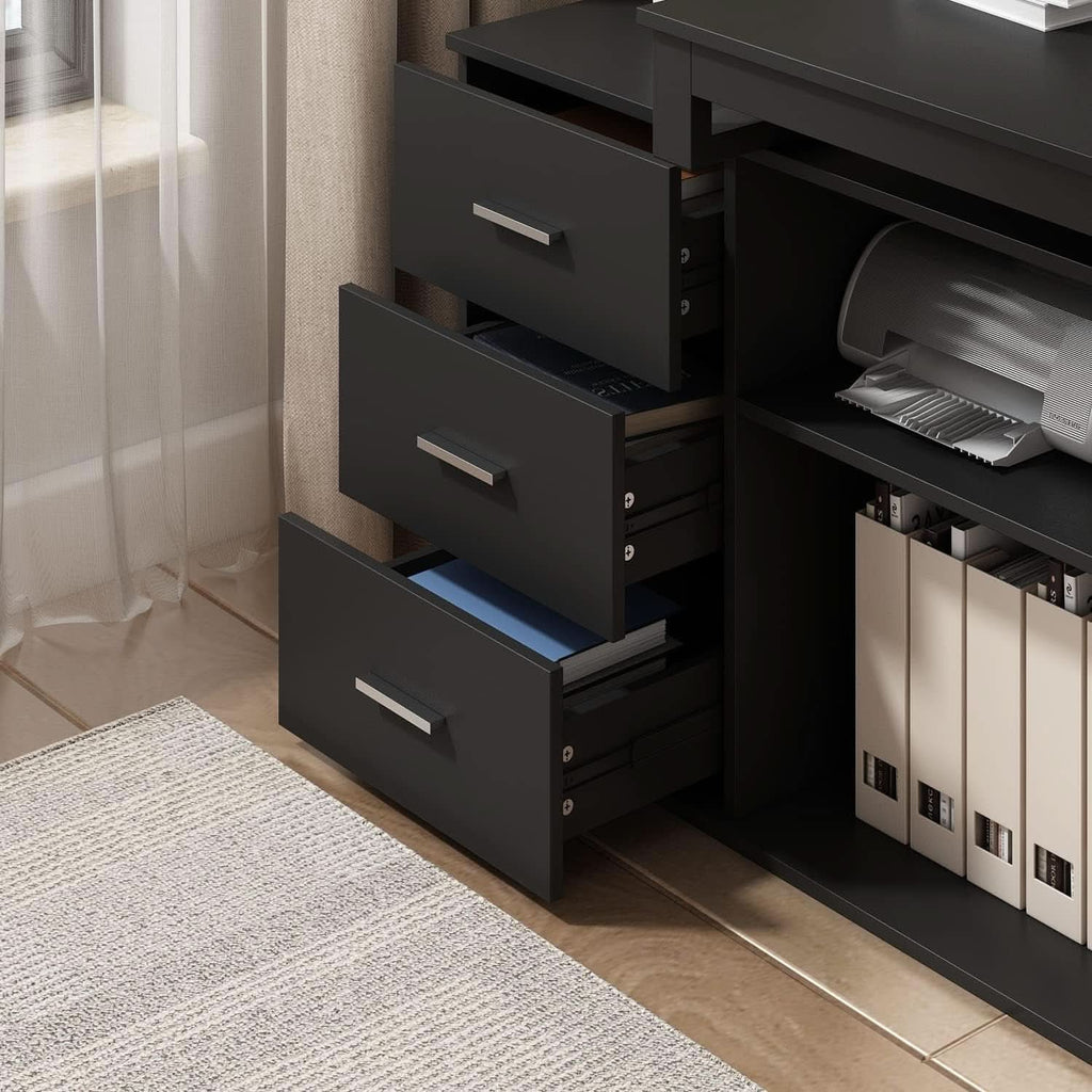 55 Inch L Shaped Computer Desk Black Storage Cabinet ShipItFurniture