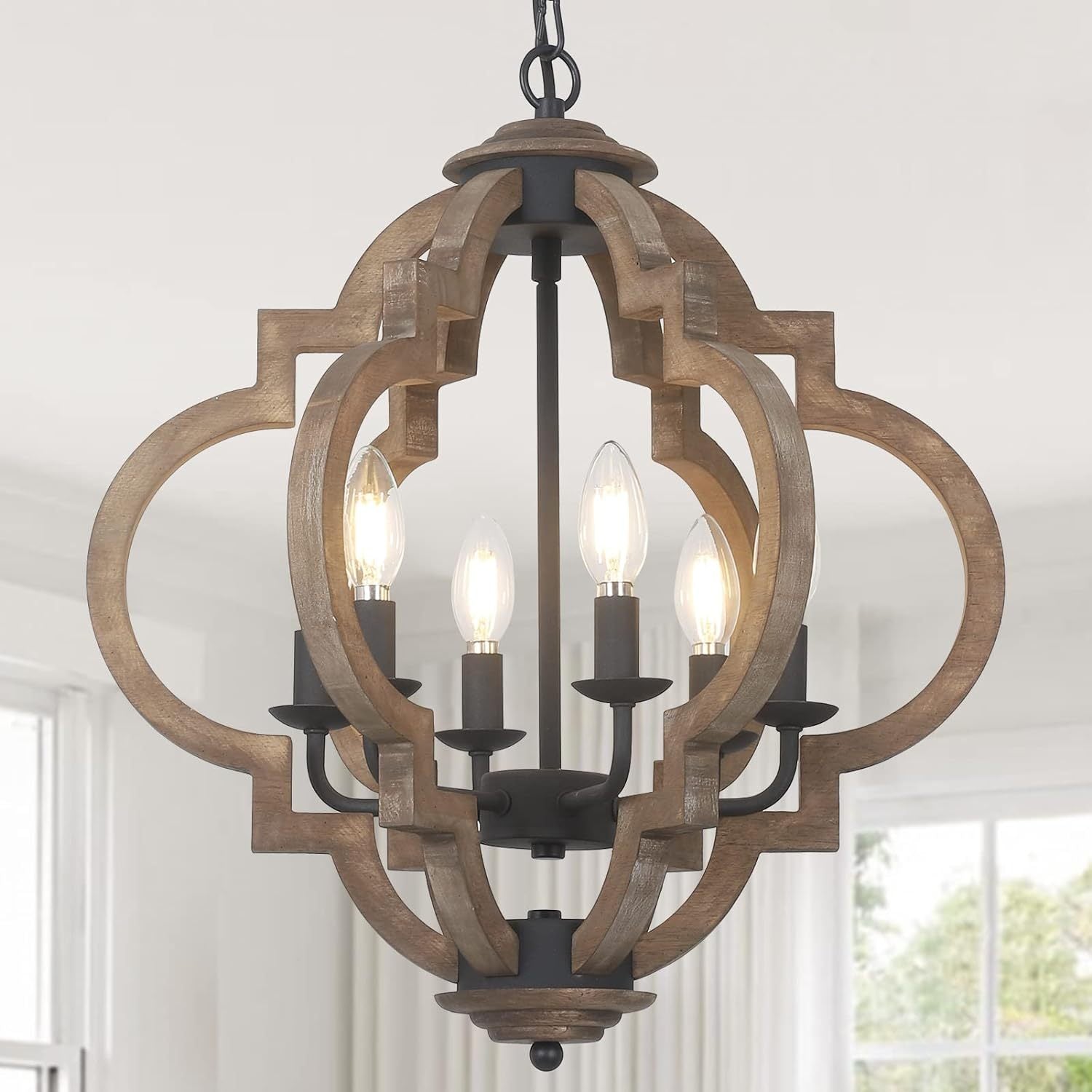Chandelier Farmhouse 6-Light Rustic Wood Black Pendant Kitchen Island NIKKI CASA