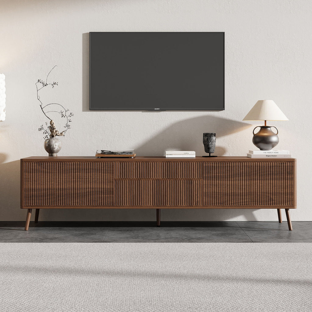 Fluted TV Stand With Storage Drawers And Cabinets For TVs Up To 80", Soft-Close Hinges, Cable Management - Walnut Unique Piece Furniture