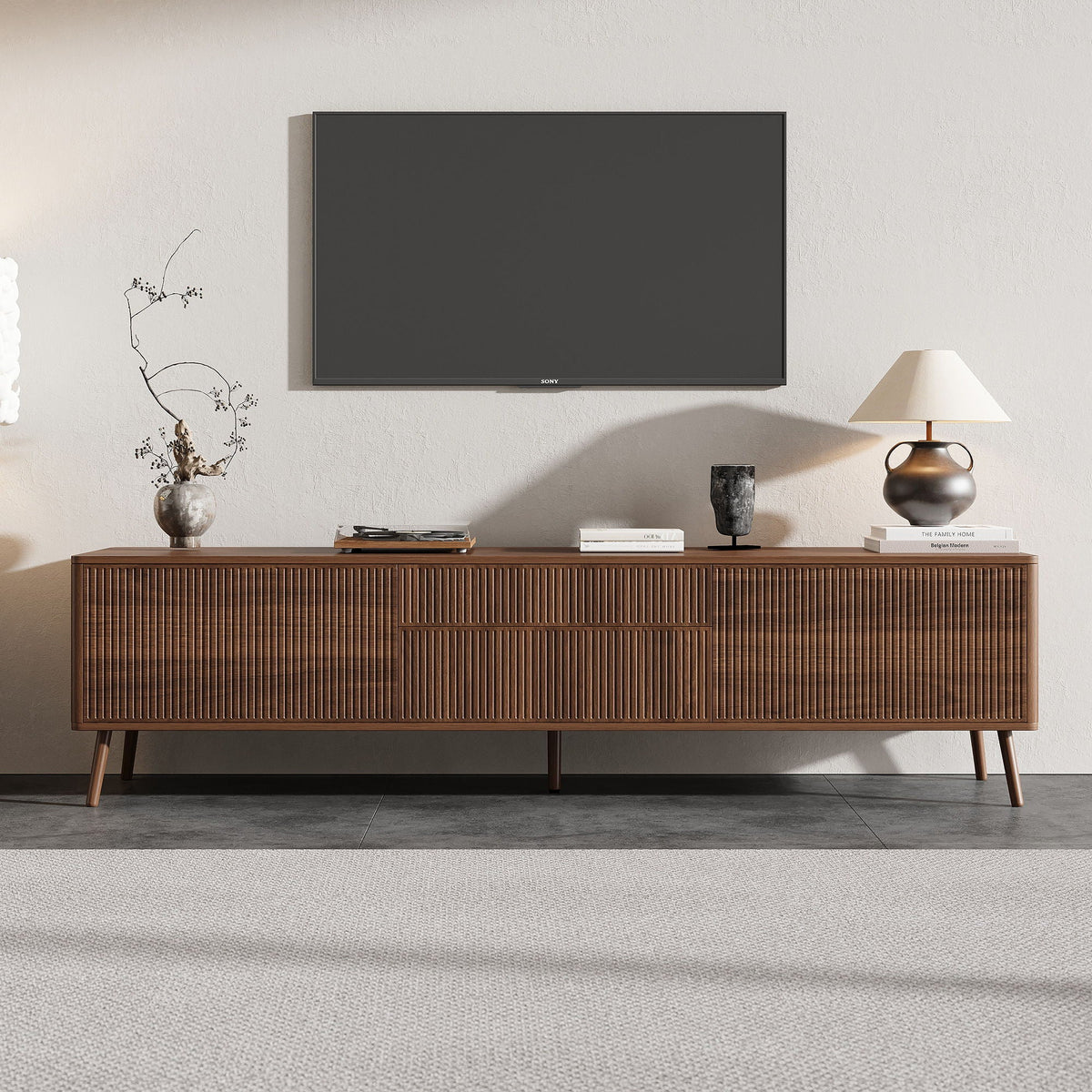 Fluted TV Stand With Storage Drawers And Cabinets For TVs Up To 80", Soft-Close Hinges, Cable Management - Walnut Unique Piece Furniture