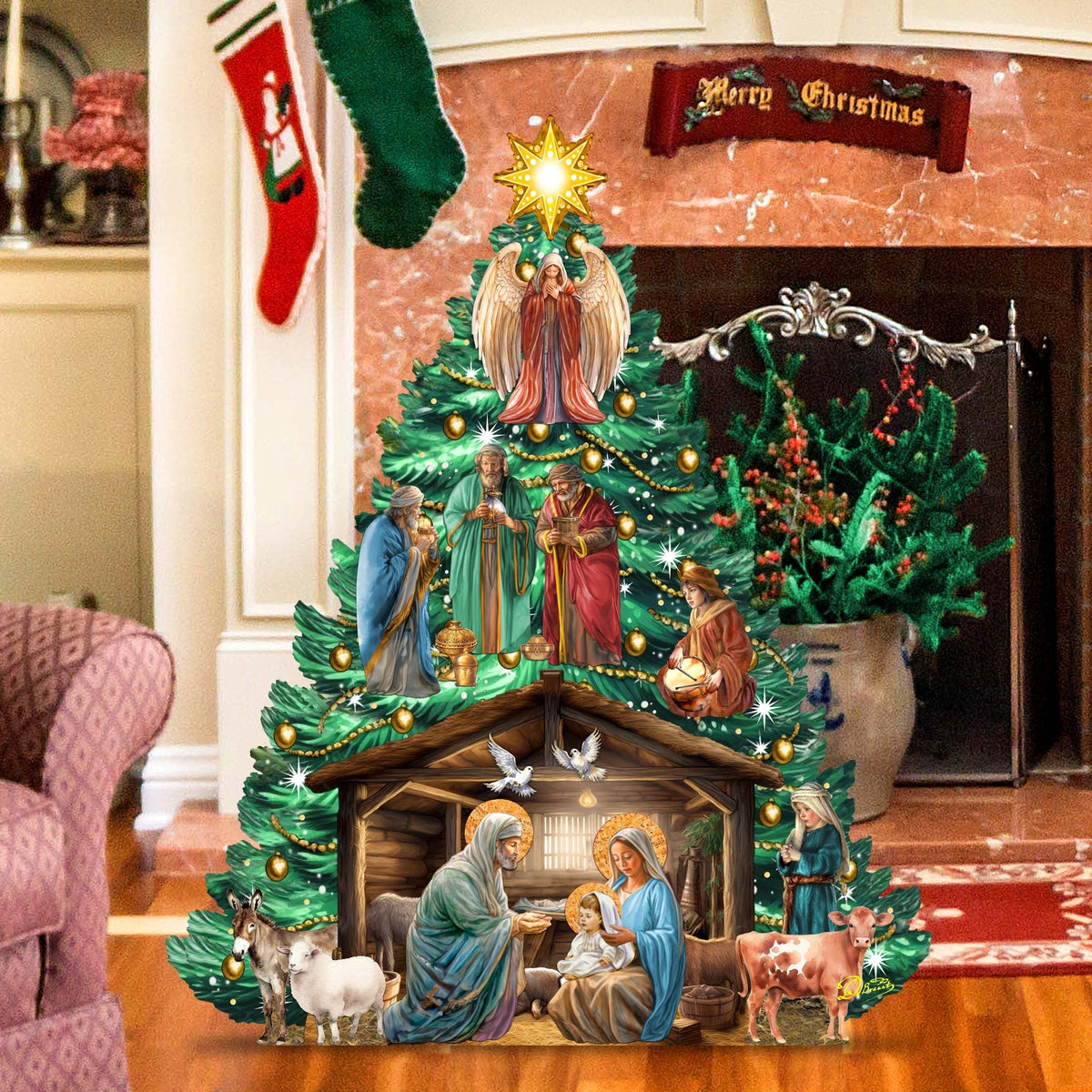 Nativity-Themed Christmas Tree Outdoor Indoor Decor Wooden Christmas Decoration by G. Debrekht Christmas Decor - 8191503-3F G.DeBrekht