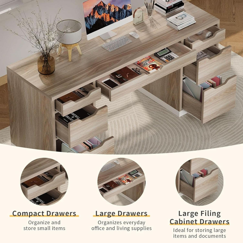 54 Inch Computer Desk With Storage Drawers White Walnut ShipItFurniture