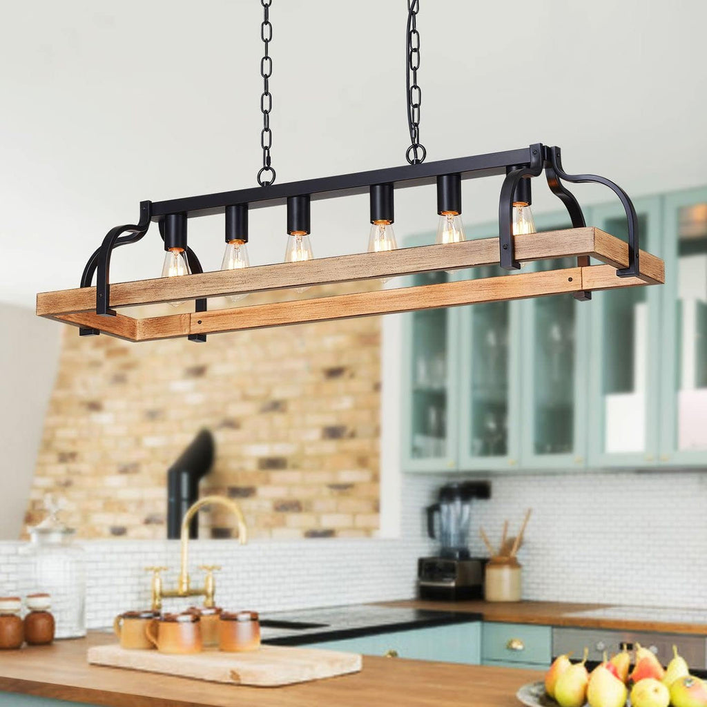 5-Light Metal Linear Chandelier Imitation Wood Grain Farmhouse Decor