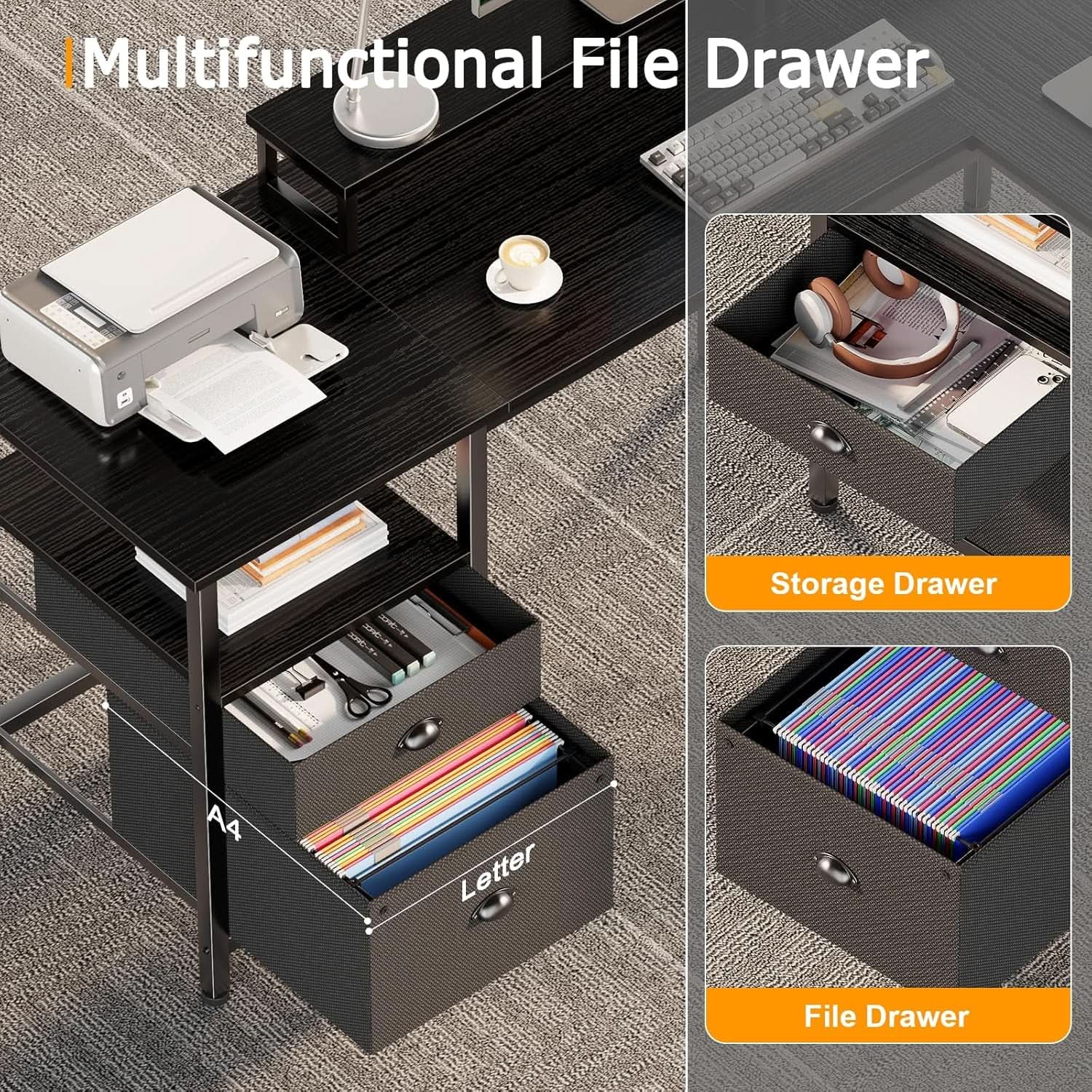 Fifty Nine Inch L Shaped Desk With Black Storage Drawers Unit ShipItFurniture