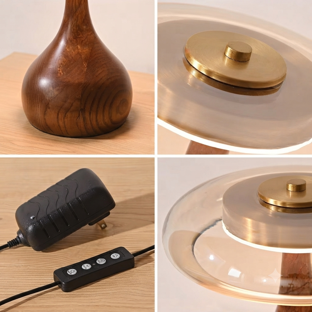Modern Wooden & Glass Table Lamp | Minimalist Mushroom Desk Light VietmadeHomeArt