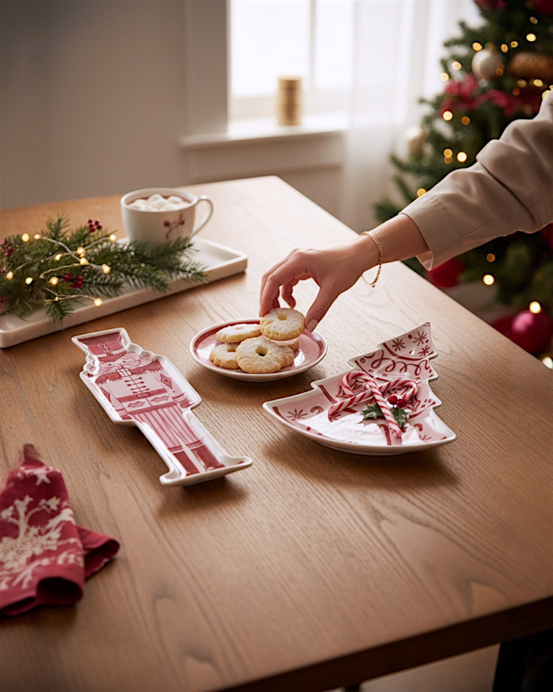 Pink & Red Nutcracker and Tree Ceramic Tidbit Plate Rust & Cinder