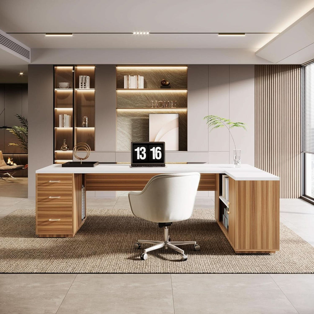 85 Point 8 Inch L-Shaped Executive Desk White Walnut Storage Cabinet ShipItFurniture