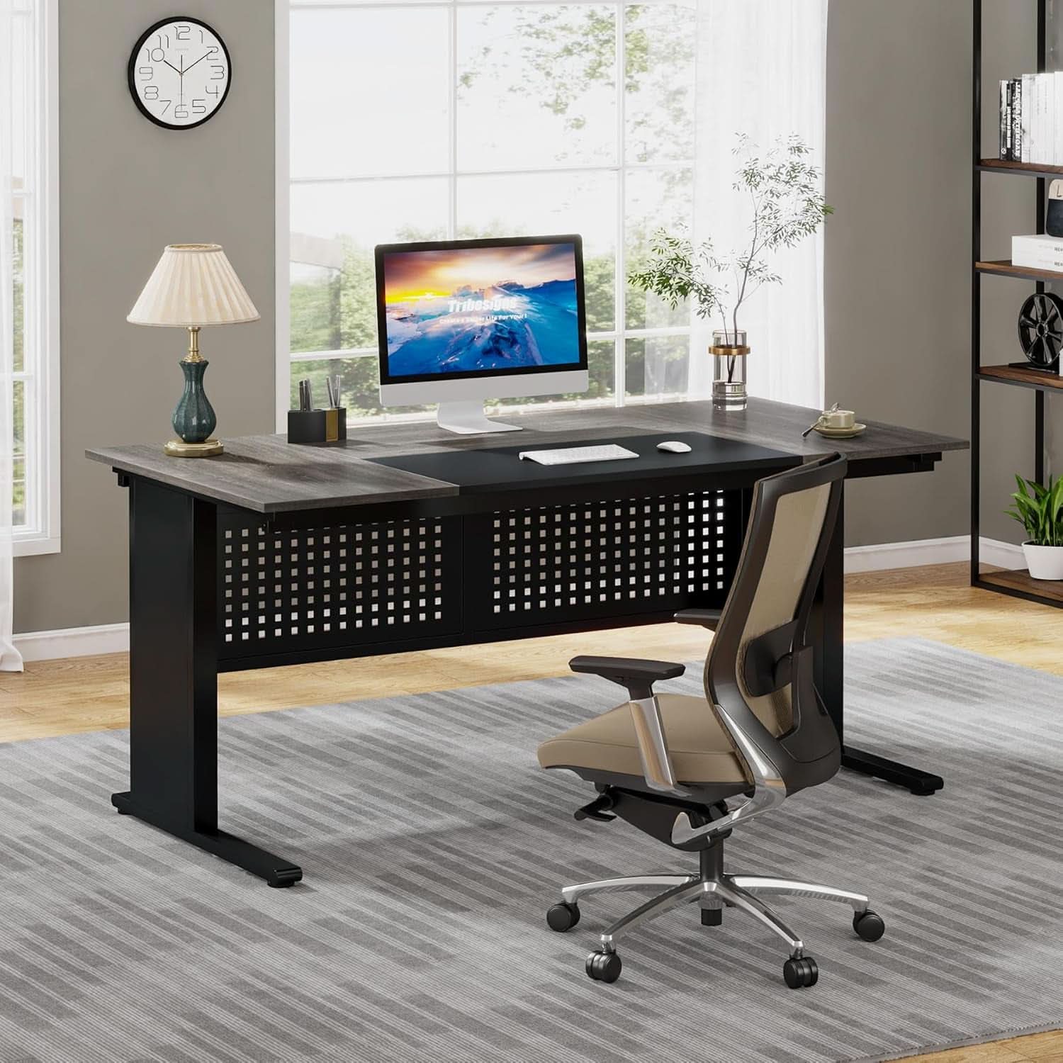63 Inch Executive Desk With Integrated Cabinet Gray ShipItFurniture