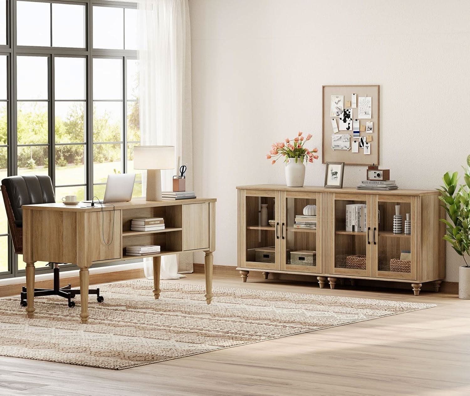 Distressed Oak Farmhouse Executive Desk Glass Cabinet ShipItFurniture