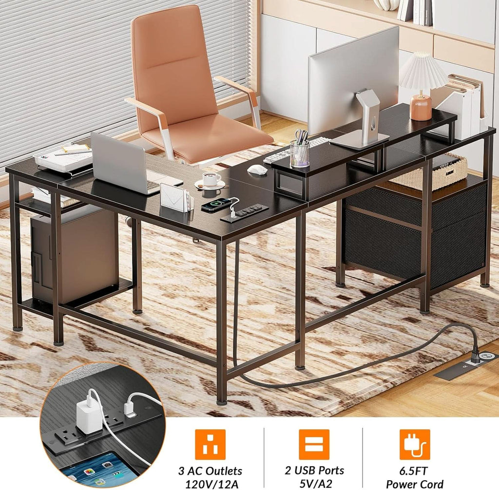 Fifty Nine Inch L Shaped Desk With Black Storage Drawers Unit ShipItFurniture