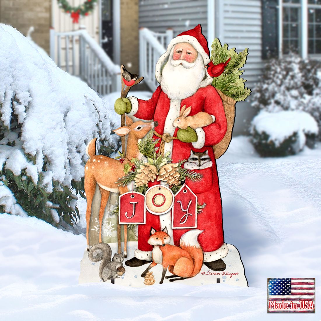 Woodland Frosty Santa Outdoor Christmas Scene by Susan Winget - Christmas Santa Snowman Decor - 8471105F-SW G.DeBrekht