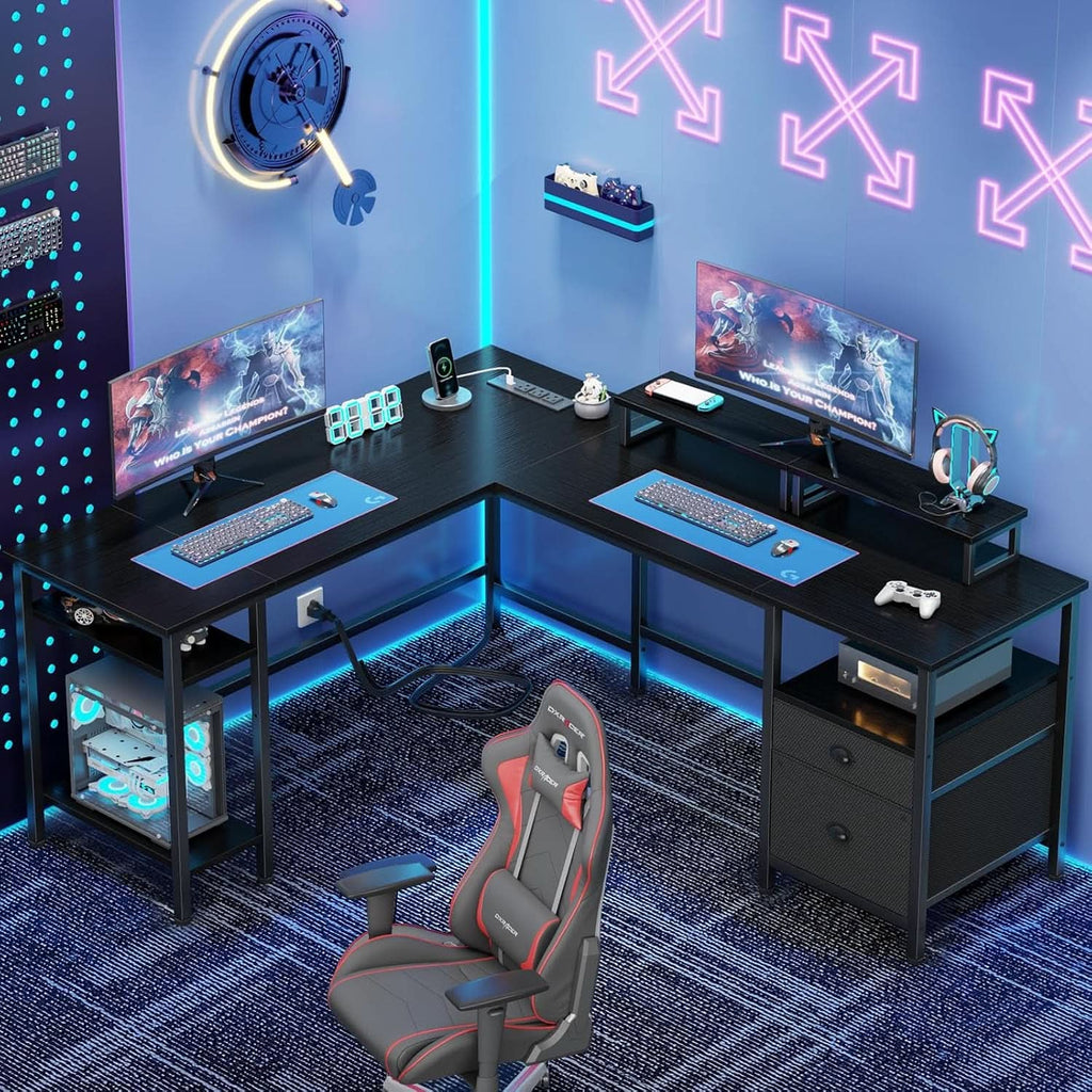 Fifty Nine Inch L Shaped Desk With Black Storage Drawers Unit ShipItFurniture