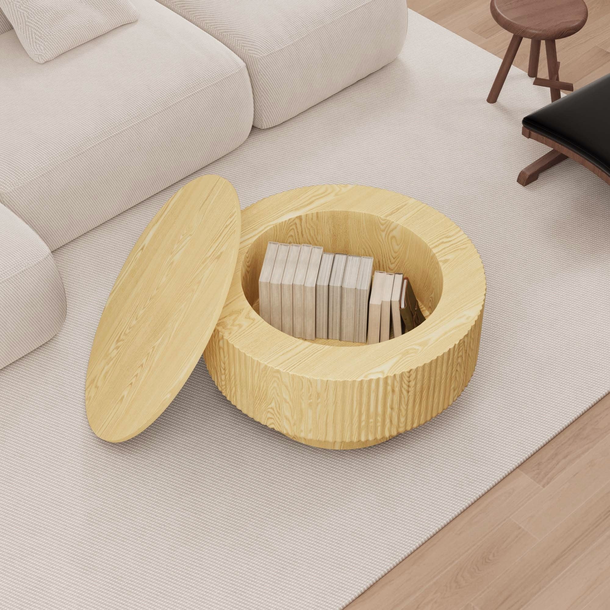 Modern Circular Coffee Table With Stripe Design And Storage Space Unique Piece Furniture