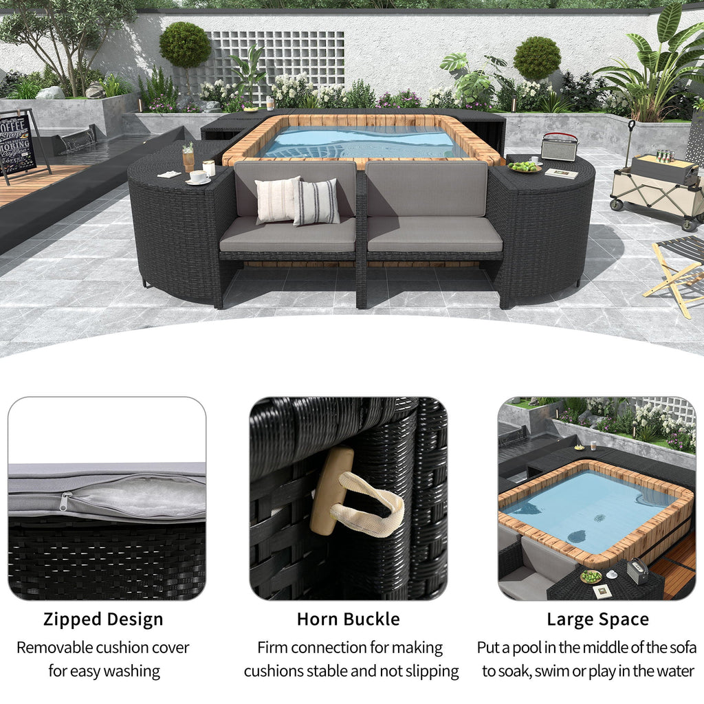Spa Surround Spa Frame Quadrilateral Outdoor Rattan Sectional Sofa Set With Mini Sofa, Wooden Seats And Storage Spaces Unique Piece Furniture