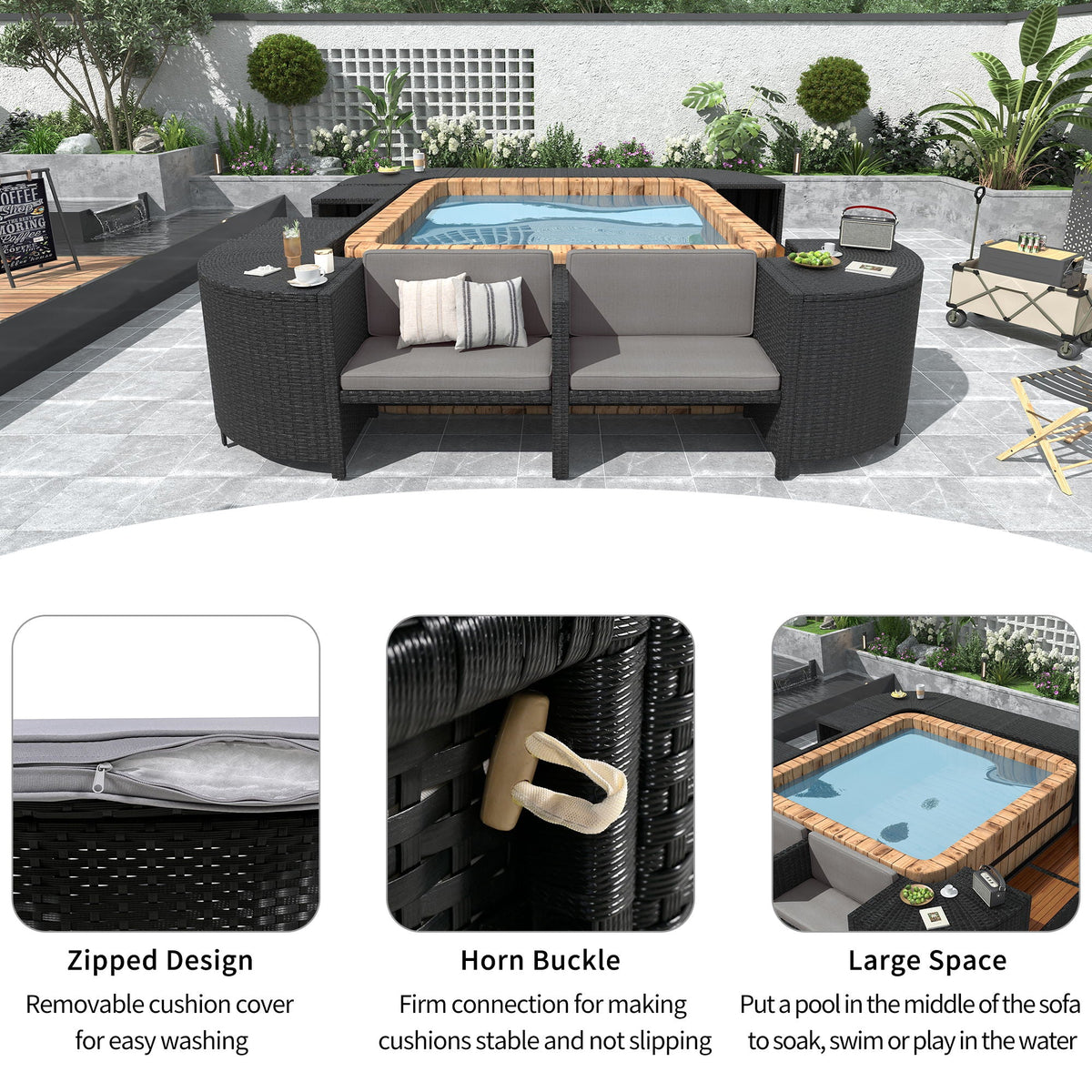 Spa Surround Spa Frame Quadrilateral Outdoor Rattan Sectional Sofa Set With Mini Sofa, Wooden Seats And Storage Spaces Unique Piece Furniture